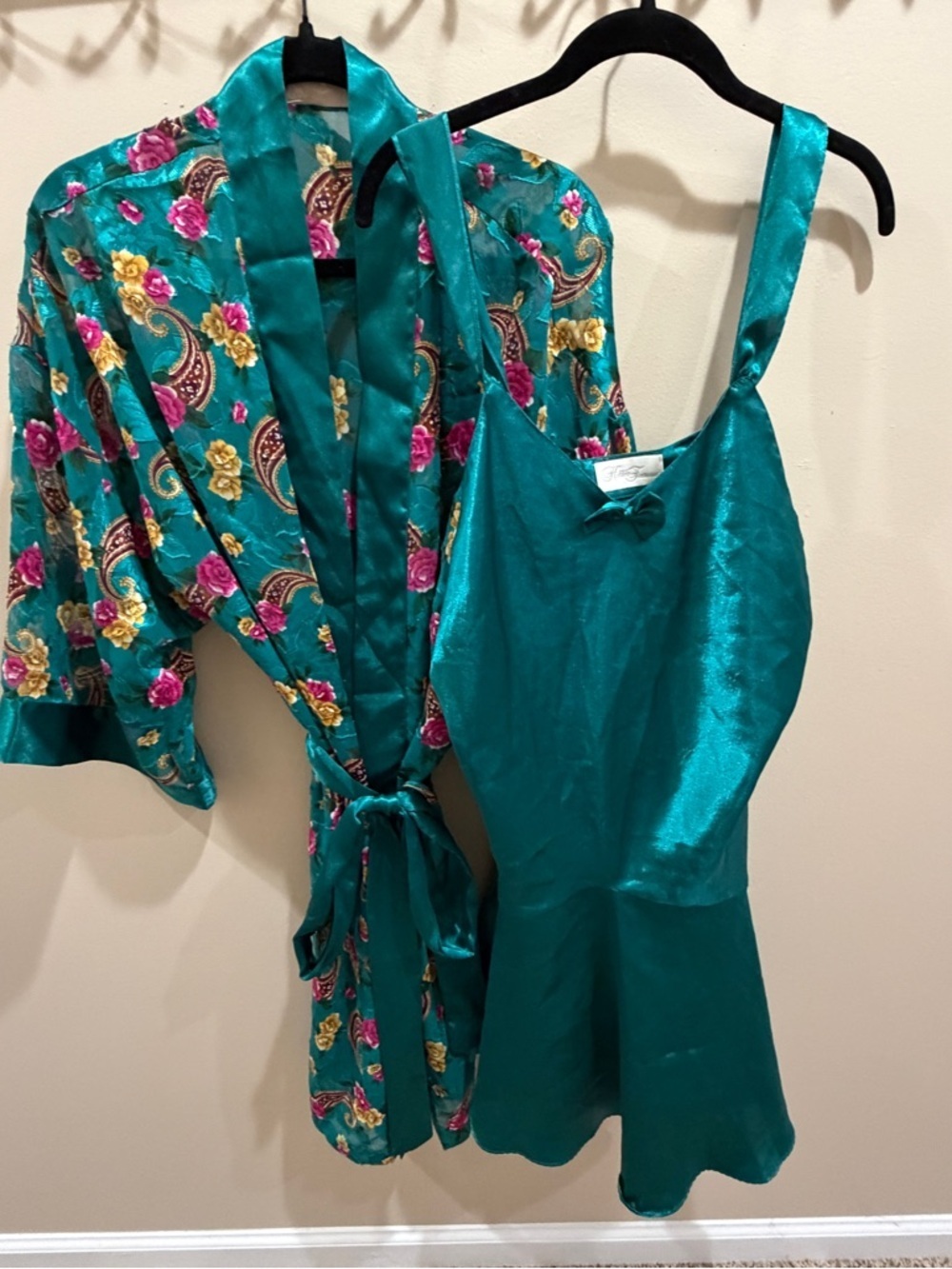 Vintage Hidden Fantasies Silk-Feel Teal Chemise & Floral Robe Sleep Set Sz L